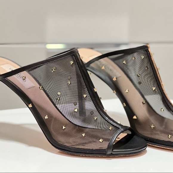 Black Rockstud Shining Mesh Stud Mule Slide Backless Sandal Heel Pumps.. - Picture 5 of 5